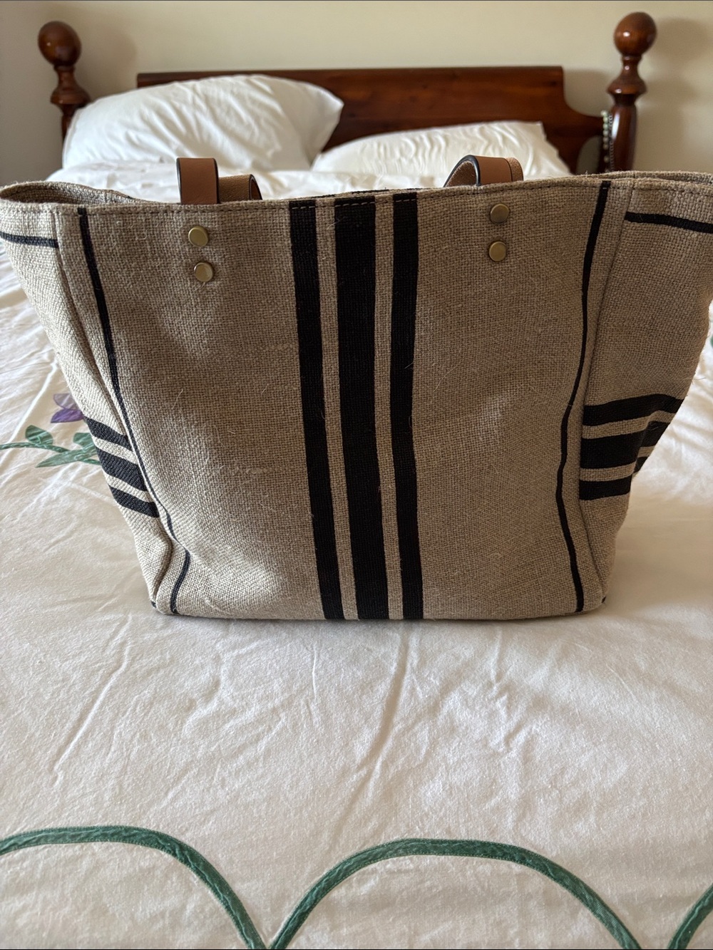 Canvas Stripe Tote Bag - Beige with Dark Navy Stripes